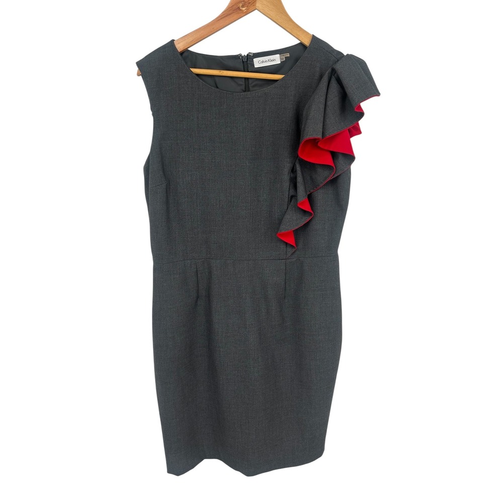Calvin Klein Gray Sleeveless Ruffle Sheath Dress Size 12 4189 - Picture 2 of 8